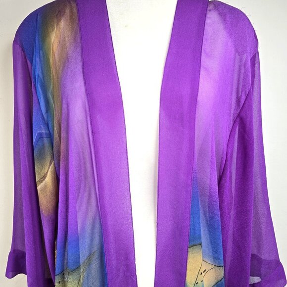 Vintage Liz & Me Purple Butterfly Sheer Long Sleeve Duster Maxi Cadigan - Picture 2 of 9